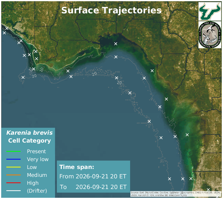 Big Bend Region Upper Water Column HAB Trajectories